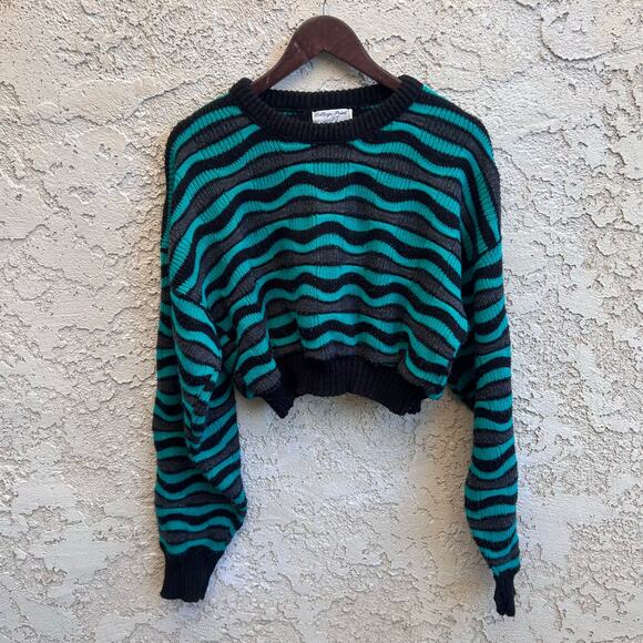 Vintage Sweaters - Vintage College Point Black Teal Striped Cropped Sweater Slouchy Knit Size